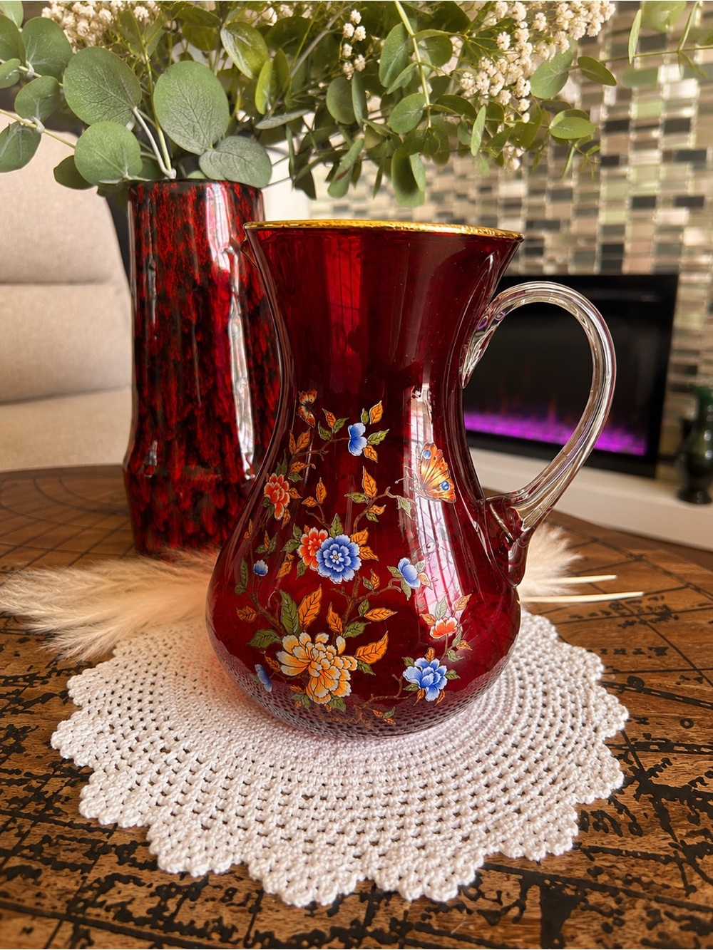 Vintage Ruby Red Floral Glass Pitcher | Hand-Enameled Flowers & Butterflies |
